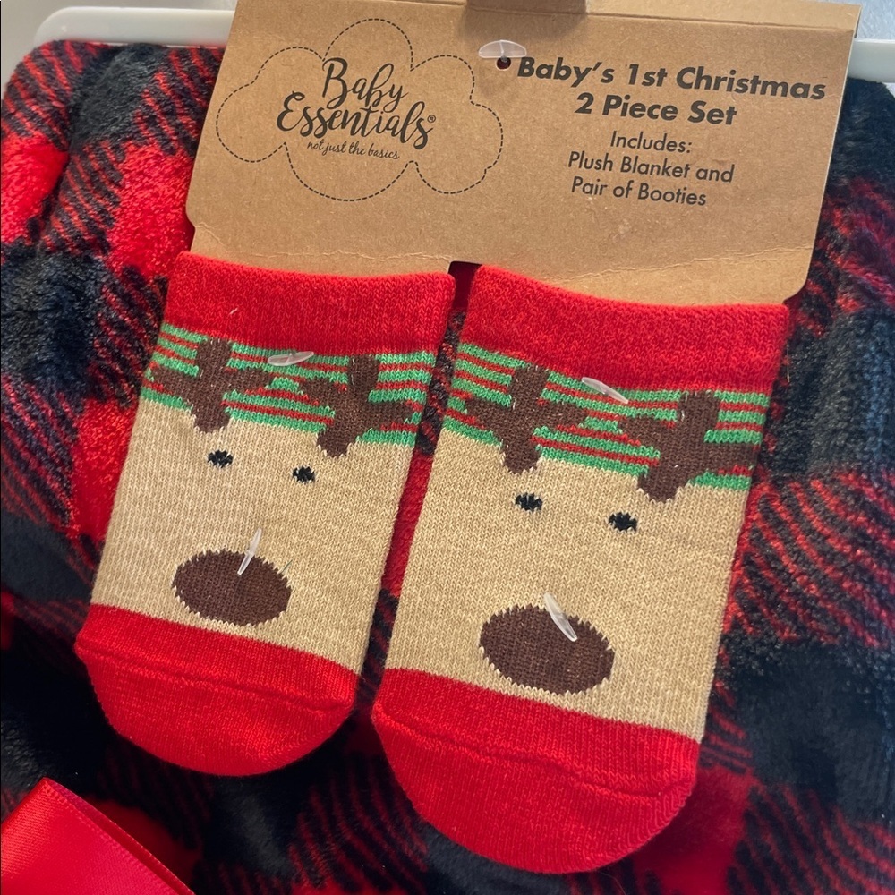 Baby Essentials Red and Black Plaid Blanket with Socks - Picture 3 of 6